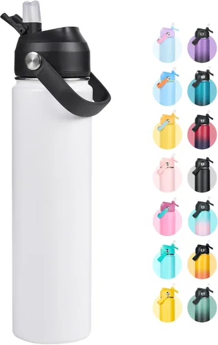 Vista 26 de Fijinhom Botella de agua aislada de 18 onzas con 2 tapas, botellas de agua de acero inoxidable, aspiradora de doble pared, mango portátil y parte