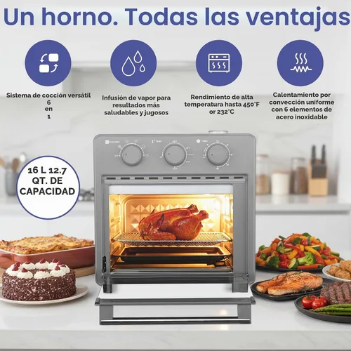 Vista 2 de Magnavox Home, horno freidora de aire de 16.5 cuartos de galón, con infusión de vapor, negro, horno de encimera de convección, 6 funciones
