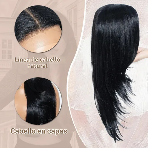 Vista 6 de Joedir Pelucas de encaje frontal de 13 x 4 pulgadas de largo, lacio, para mujeres negras, pelucas de encaje frontal con cabello de bebé, línea Negro