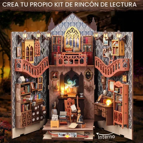 Vista 6 de Kit de rincón de libros de bricolaje: estante de rompecabezas de madera 3D con luz LED, decoración de sujetalibros en miniatura para adultos