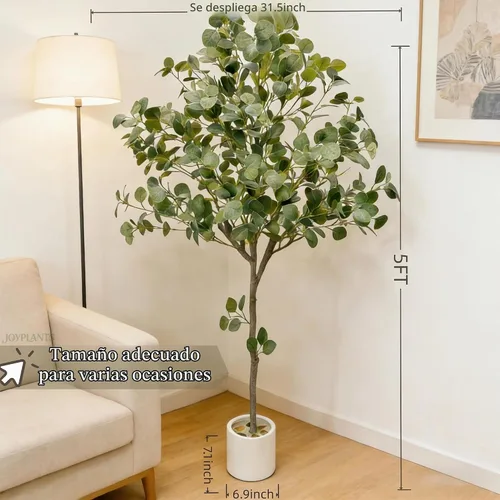 Vista 2 de Planta de eucalipto falsa de 5 pies, árbol artificial de seda con Eucalipto - verde de 5 pies