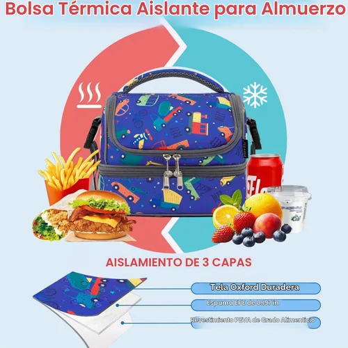 Vista 4 de FlowFly Bolsa de almuerzo aislada de dos pisos para niños, niñas, hombres, mujeres, con correa ajustable, para automóvil
