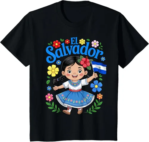 Vista 39 de Camiseta de estilo tradicional floral para niña con la bandera de El Salvador