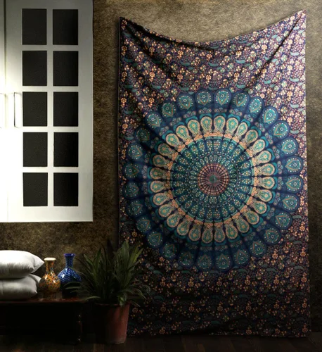Vista 6 de Tapiz para pared con diseño hippie de mandala, bohemia e hindú Azul y verde