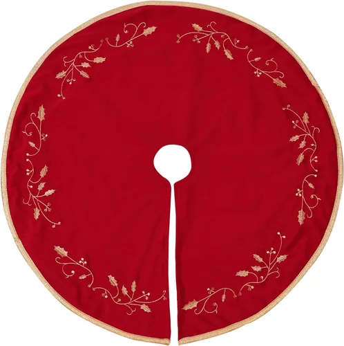 Vista 2 de Bunny Chorus Falda de árbol de Navidad, 24 pulgadas, faldas de piel de felpa de terciopelo rojo de lujo con hoja de acebo bordada dorada para árbol