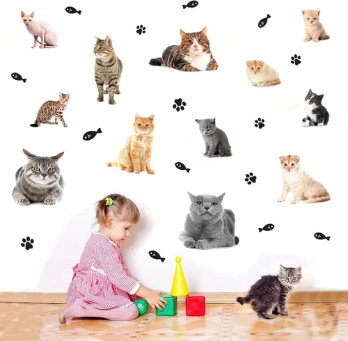 Vista 3 de Calcomanías de pared 3D con diseño de gatito, calcomanías removibles para pared, diseño de patas de gato, calcomanías de pared para despegar y Kitty