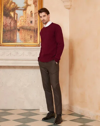 Vista 5 de Kallspin Men's Cable Knit Crewneck Sweater Pullovers Wool Blend Relax Fit Knitwear