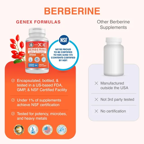 Vista 6 de Genex Formulas Berberina HCl 500 mg (90 cápsulas) – Certificado NSF para seguridad, calidad y precisión de etiquetado – Apoya la salud inmunológica