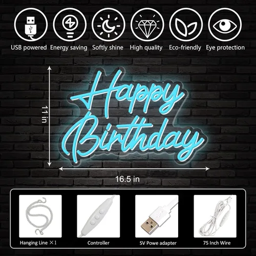 Vista 6 de Letrero de neón de feliz cumpleaños, reutilizable, luz nocturna LED de neón azul hielo, decoraciones de fiesta de cumpleaños, funciona con USB