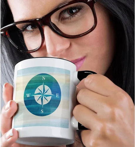 Vista 2 de 3dRose (mug_152107_4) Aqua Nautical Compass Beach Theme Art - Taza negra de dos tonos, 11 oz