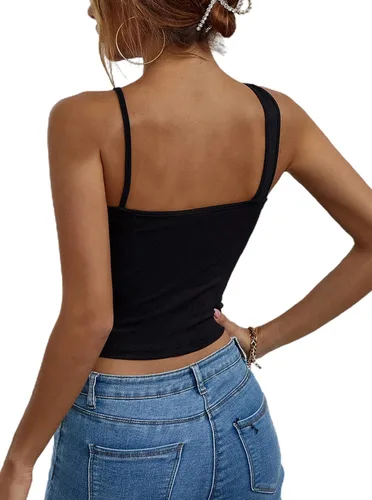 Vista 2 de Remidoo Top corto sexy con tirantes asimétricos y corte de punto acanalado para mujer