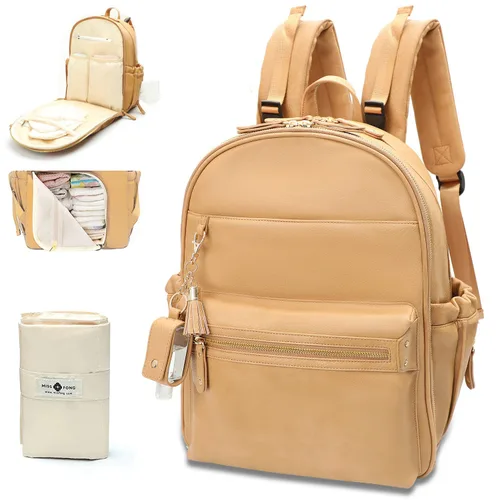 Vista 7 de miss fong Bolsa de pañales de cuero, bolsa de pañales para bebé, 16 bolsillos con soporte para desinfectante de manos, cambiador, 2 bolsillos Negro