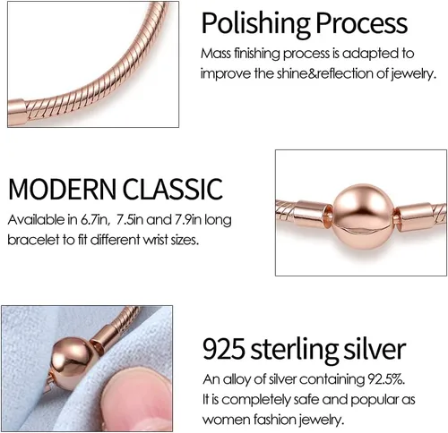 Vista 5 de KUNSIR Pulsera de plata de ley 925 con cadena de serpiente de oro rosa, pulseras básicas para mujeres y adolescentes