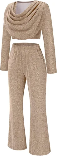 Vista 4 de Annystore Conjunto casual de 2 piezas para mujer, de manga larga, fruncido, brillante, bodycon y pantalones acampanados de cintura alta, conjunto