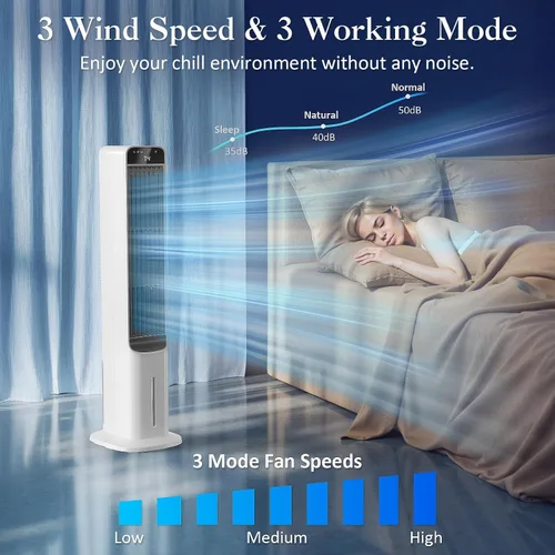 Vista 3 de Enfriador de aire evaporativo portátil, ventilador de torre de enfriamiento de pantano 2 en 1 con control remoto, 4 paquetes de hielo, oscilación