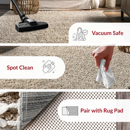 Vista 2 de NULOOM Neva Alfombra de Área Shag Moderna con Borlas, 8' Cuadrada, Beige Neva Beige