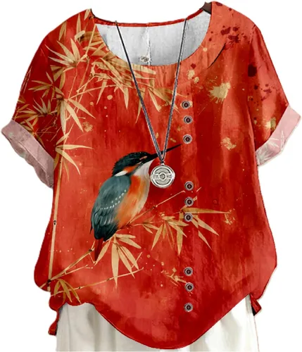 Vista 16 de domirica Flower Bird Printed Loose Boho Shirts Women Plus Size Summer Crew Neck Short Sleeve Blouses Colorido