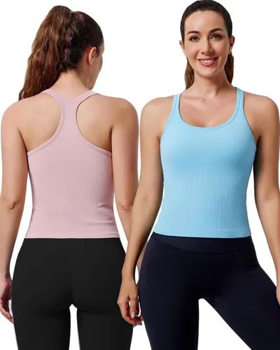 Vista 13 de Women's Workout Tank Tops, with Built in Bra Racerback Seamless Crop Tops Negro Blanco Gris 3 Pack