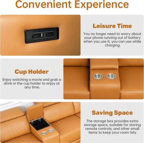Vista 5 de Sofá reclinable eléctrico de dos plazas, sofá modular reclinable con reposacabezas ajustable y reclinable eléctrico, cuero transpirable con consola