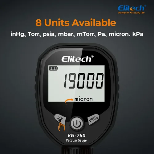 Vista 2 de Elitech Medidor de vacío digital HVAC Micron Gauge 0-19000 Micron Medidor de vacío refrigerante 1/4" SAE, VG-760