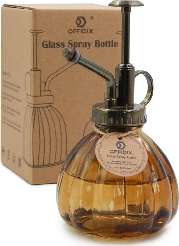 Vista 15 de OFFIDIX Botella rociadora de vidrio transparente, 6.3 pulgadas de alto, estilo vintage con bomba superior de plástico de bronce, regadera de vidrio