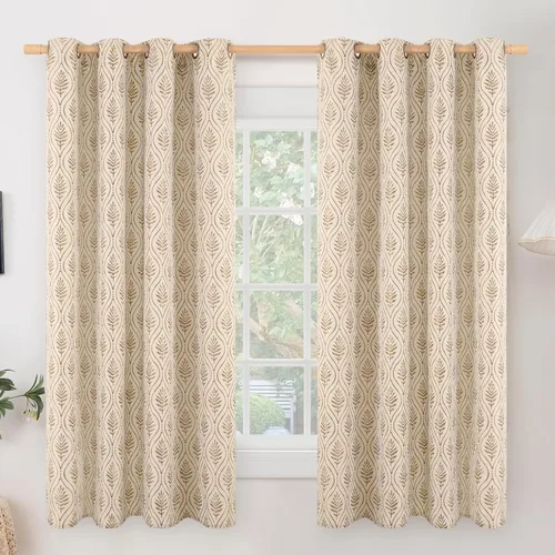 Vista 21 de BGment - Cortinas francesas de campo amarillas mostaza de 63 pulgadas de largo para dormitorio, patrón botánico de jacquard de hojas, estilo rústico