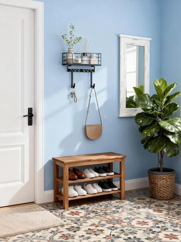 Vista 4 de THYGIFTREE Gancho ajustable para tabla de planchar para montaje en pared, se adapta a tablas en forma de T e Y, marco de metal con estante de madera