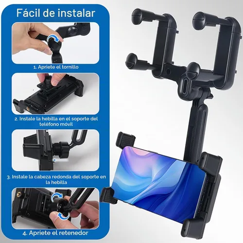 Vista 3 de kelofam Soporte para teléfono para coche, Soporte para espejo retrovisor de coche, Soporte multifuncional giratorio de 360° y retráctil para tablet
