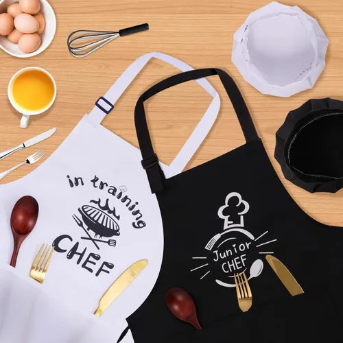 Vista 2 de Juego de 4 delantales y sombreros de chef, delantal ajustable impermeable para niños, delantal de entrenamiento divertido para niñas y niños