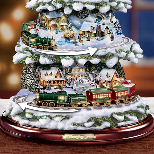 Vista 3 de Thomas Kinkade Hawthorne Village Centro de mesa de árbol de navidad, con tren expreso al país de las maravillas.