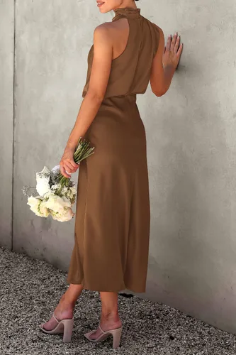 Vista 3 de PRETTYGARDEN Vestido de satén de verano 2023 para mujer, elegante, sin mangas, cuello alto, vestido maxi para fiesta de cóctel