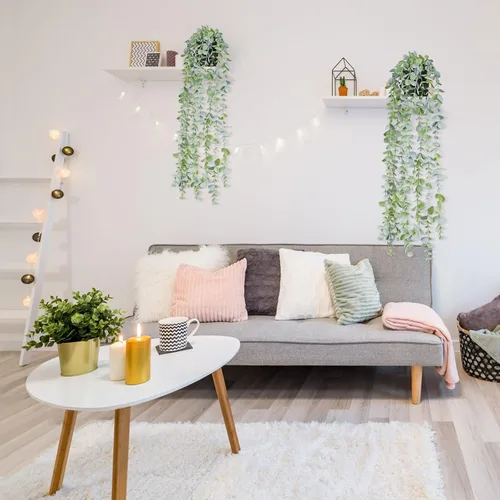Vista 2 de Plantas colgantes falsas de eucalipto en maceta, pequeñas enredaderas de hiedra sintética, decoración para estante flotante, cocina, baño, armarios