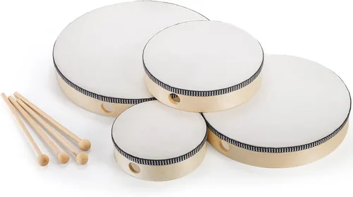Vista 5 de Foraineam Paquete de 4 tambores de mano de 12 pulgadas, 10 pulgadas, 8 pulgadas, 6 pulgadas, juego de batería de madera de percusión musical, tambor