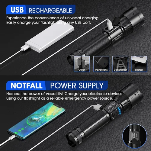 Vista 2 de RECHOO Linternas recargables de alto lúmenes, linternas tácticas de 1000 lúmenes, linterna LED súper brillante con 5 modos y zoom, luz de flash