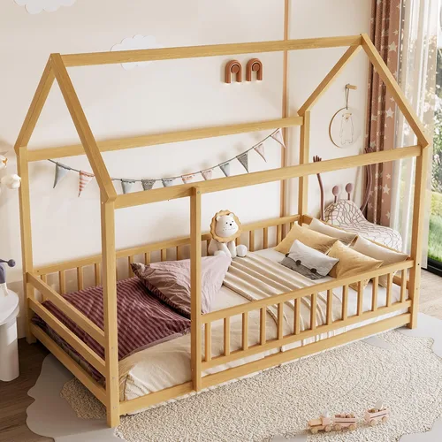 Vista 22 de Harper & Bright Designs Marco de cama de piso de casa de tamaño individual con barandillas de techo y valla, cama Montessori de madera maciza, fácil