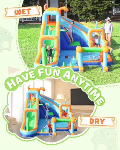 Vista 5 de AirMyFun Casa inflable de dinosaurio, tobogán acuático inflable de 2 toboganes para niños con pared de escalada, pozo de pelotas y portería