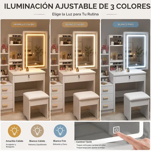 Vista 4 de Escritorio de tocador con espejo y luces, juego de tocador de maquillaje pequeño de 35 pulgadas con almacenamiento de espejo deslizante, 4 cajones