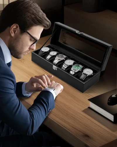 Vista 6 de Ohuhu Fundas de reloj para hombres, caja de reloj de piel sintética con 6 ranuras, tapa de cristal real, organizador de joyas, almacenamiento