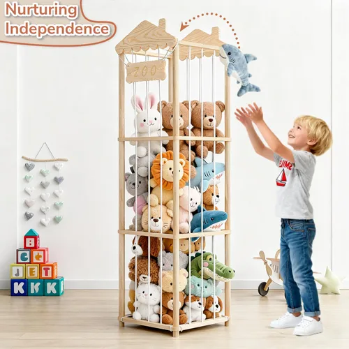 Vista 6 de AMBIRD Almacenamiento de animales de peluche, soporte de madera para zoológico, organizadores de juguetes grandes para niños, almacenamiento