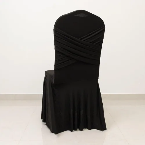 Vista 5 de Efavormart - Funda para silla de banquete de elastano con falda plisada con volantes y banda trasera cruzada, funda elástica negra para bodas y Negro