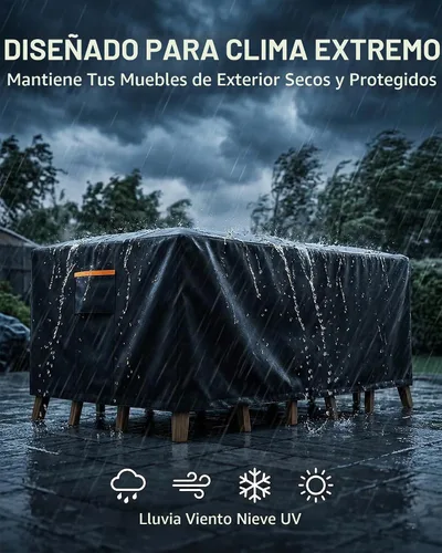 Vista 3 de Cubierta impermeable para muebles de exterior, juego de mesa y silla rectangular de 600D resistente de 64 pulgadas de ancho x 52 pulgadas de largo x
