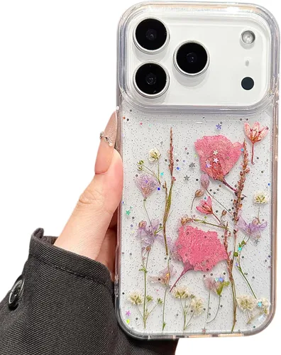 Vista 9 de Funda floral para iPhone 17 con flores reales prensadas, bonito diseño de flores secas prensadas transparentes con purpurina para mujer, suave TPU