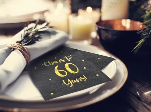 Vista 2 de Servilletas de cóctel de Cheers to 60 años, decoraciones de feliz cumpleaños 60 para hombres y mujeres, decoraciones de fiesta de aniversario
