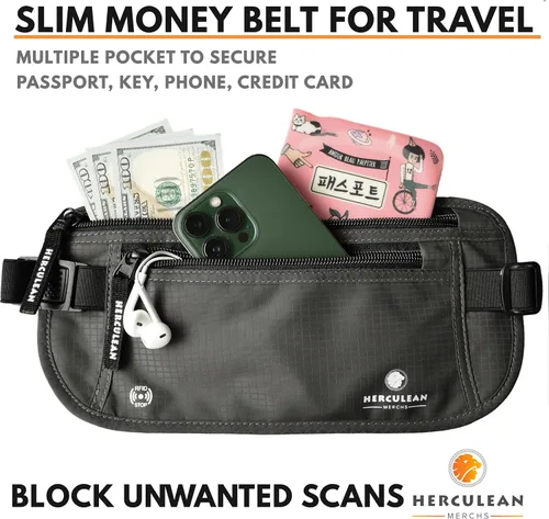 Vista 2 de HERCULEAN - Cinturón de viaje para dinero, delgado soporte para pasaporte, bolsa de viaje con bloqueo RFID para proteger el efectivo, tarjetas