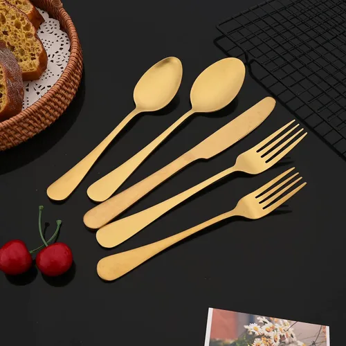 Vista 3 de JASHII Juego de cubiertos de 20 piezas con acabado satinado, servicio para 4, juego de cubiertos de titanio, juego de utensilios de oro mate
