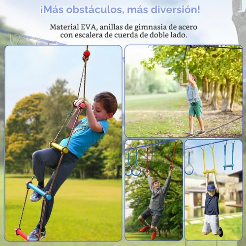 Vista 5 de Ninja Warrior - Carrera de obstáculos para niños, kit de línea floja de 2 x 56 pies con 10 accesorios ninja, barra de mono, escalera de cuerda