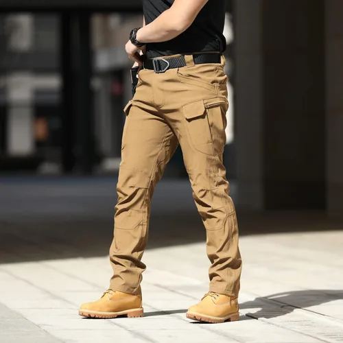 Vista 4 de FLYFIREFLY Pantalones de senderismo para hombre, ligeros, impermeables, pantalones tácticos con múltiples bolsillos (sin cinturón)