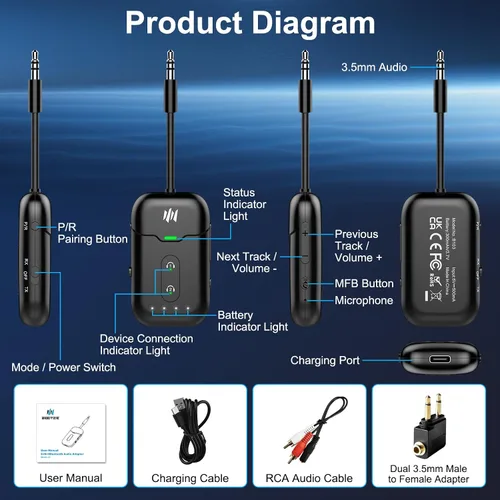 Vista 9 de Adaptador transmisor Bluetooth 5.4 de alta calidad, compatible con 2 AirPods/auriculares 2 en 1 transmisor Bluetooth receptor con aptX baja