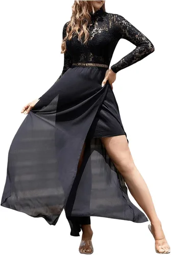Vista 5 de SweatyRocks Vestidos largos de cóctel de manga larga con encaje transparente sexy para mujer