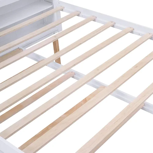 Vista 8 de Cama multifuncional de almacenamiento de tamaño Queen con cama nido de tamaño individual, marco de cama de plataforma de madera con estantes